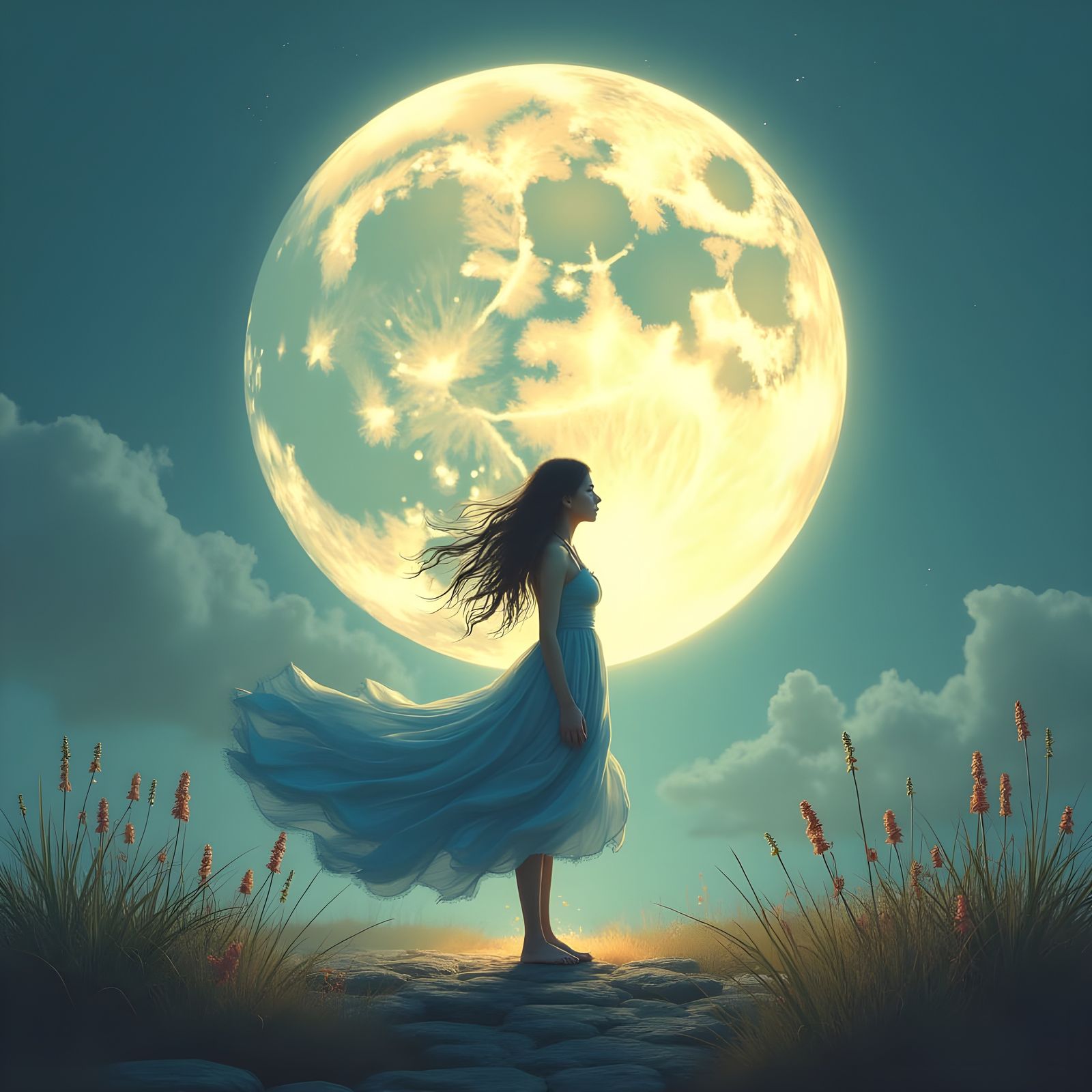 Character Dreaming on the Moon in Naive Art Style