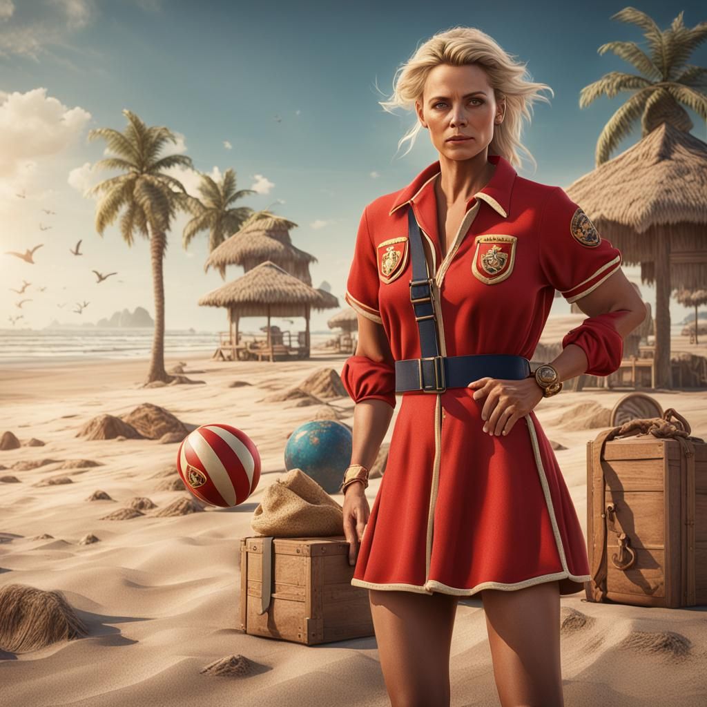 Lifeguard on Beach in Detailed Matte Painting Style