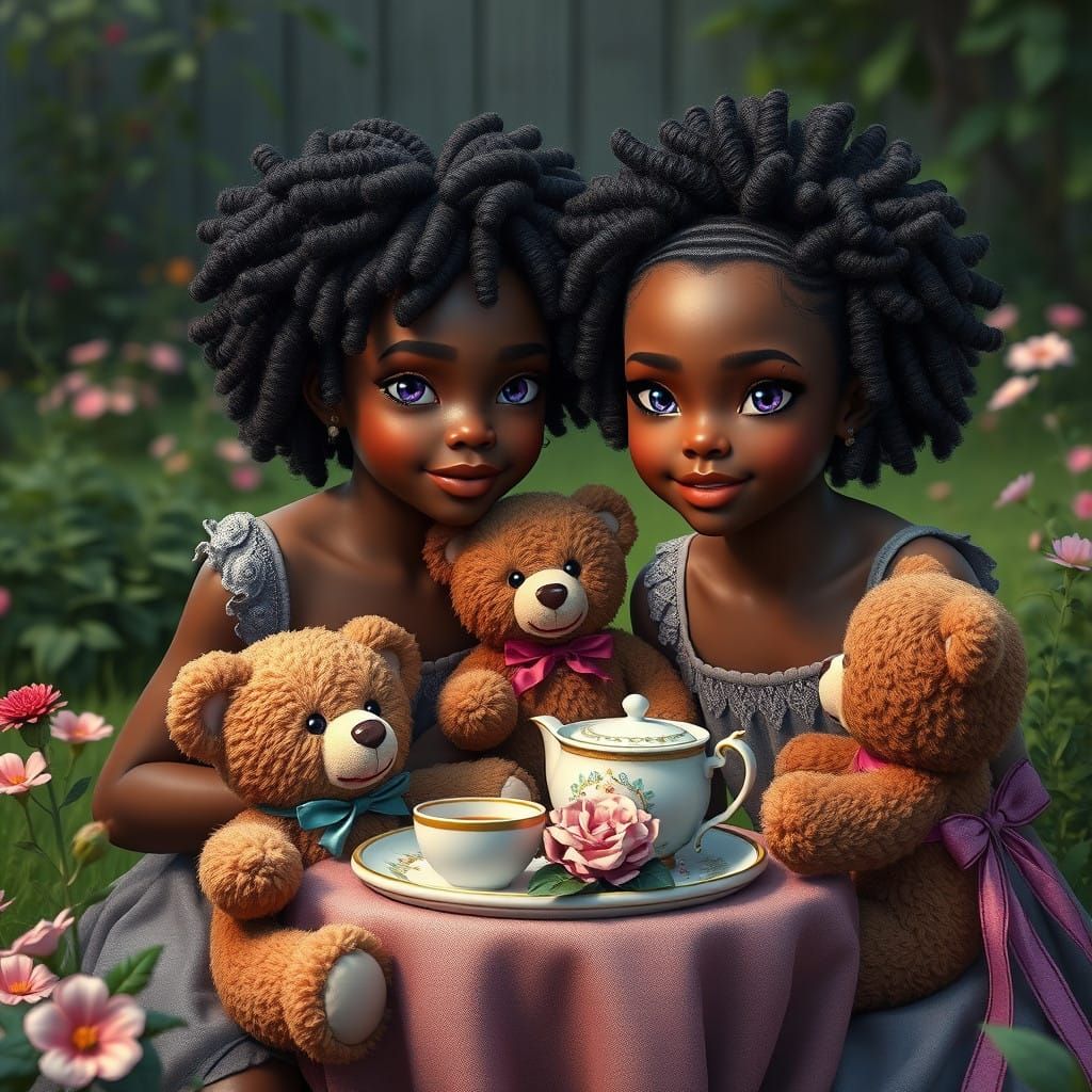 Mocha Girls in Whimsical Backyard Tea Party Scene