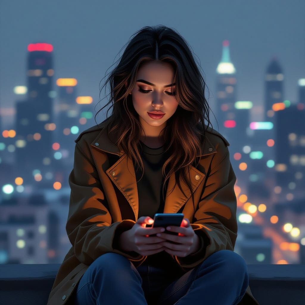 Trendy Woman Generates Art in Dim Cityscape