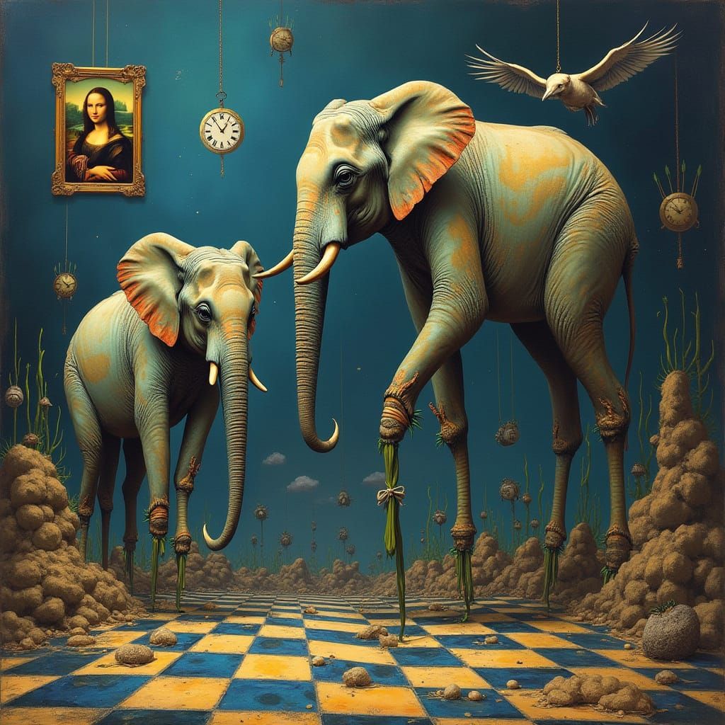 Surreal Elephants on Chessboard: A Hyperrealistic Dreamscape