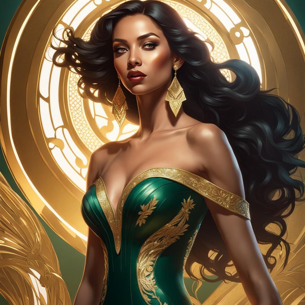 Woman in Green and Gold Dress: Art Nouveau Portrait
