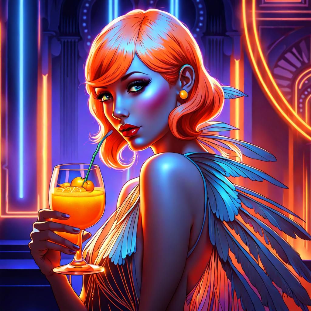 Neon Orange Fairy Flapper Art Deco Portrait