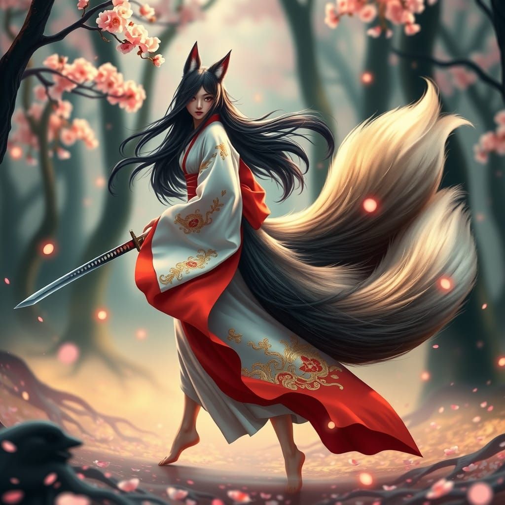 Surreal Kitsune Goddess Strolls Mystical Cherry Blossom Fore...