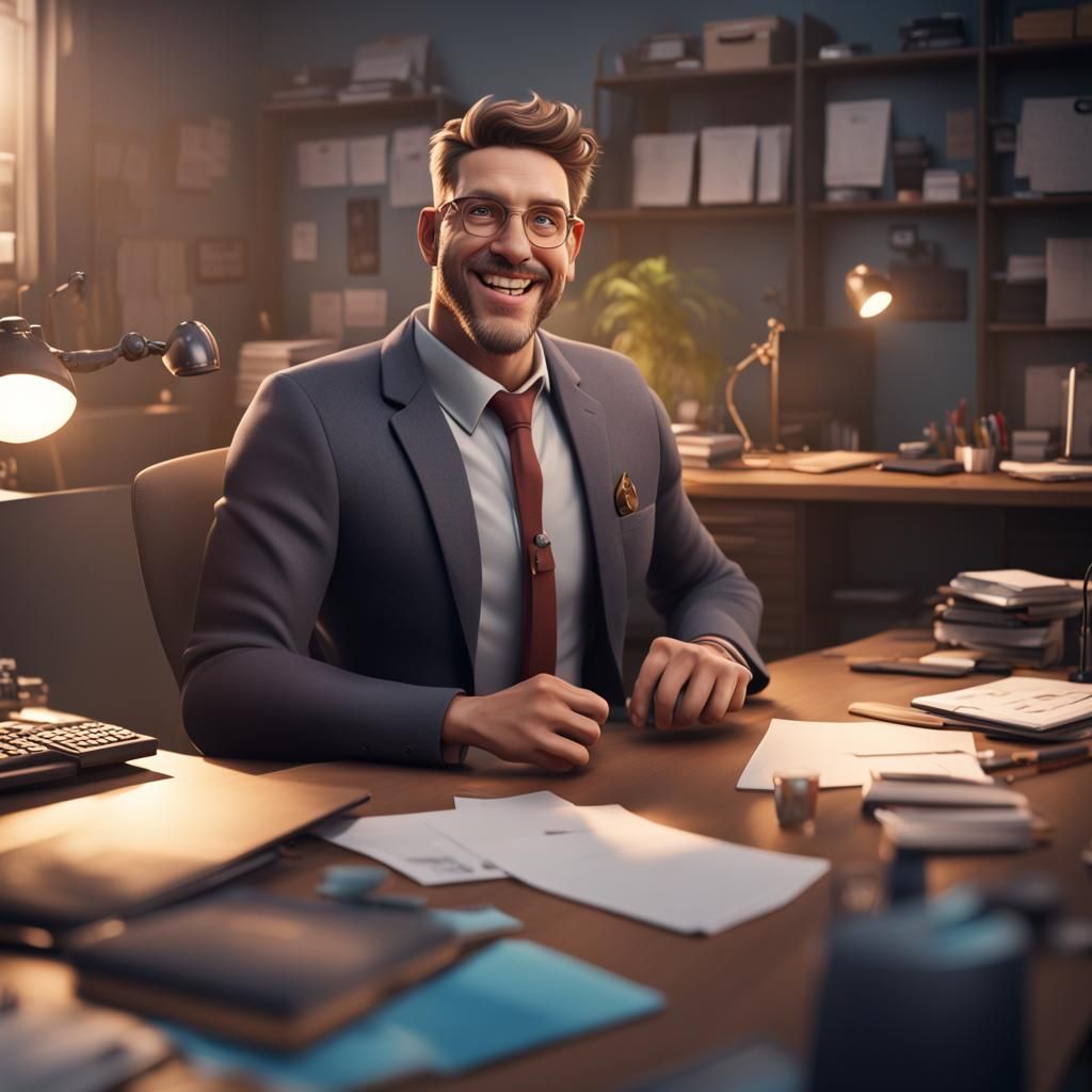 Happy Office Man in Detailed Matte Painting