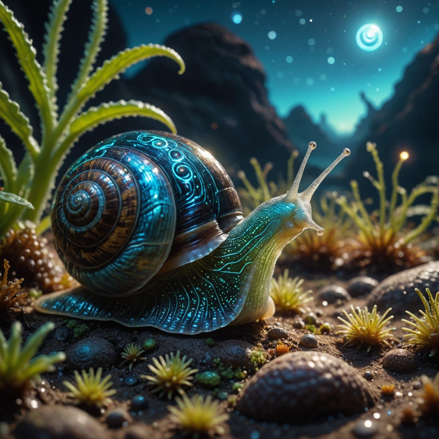 Bioluminescent Alien Snail in Miniature Landscape