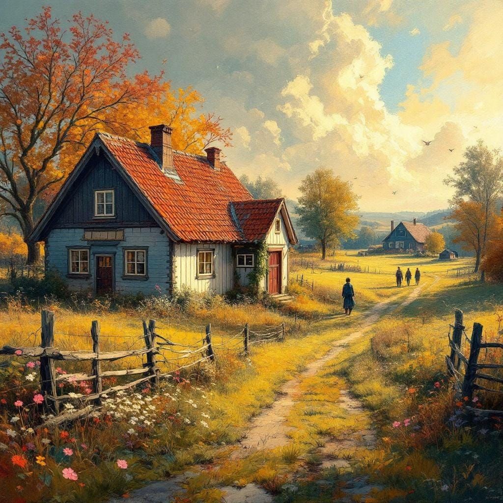 Swedish Farm in 1800s Countryside, Impasto Gouache Style