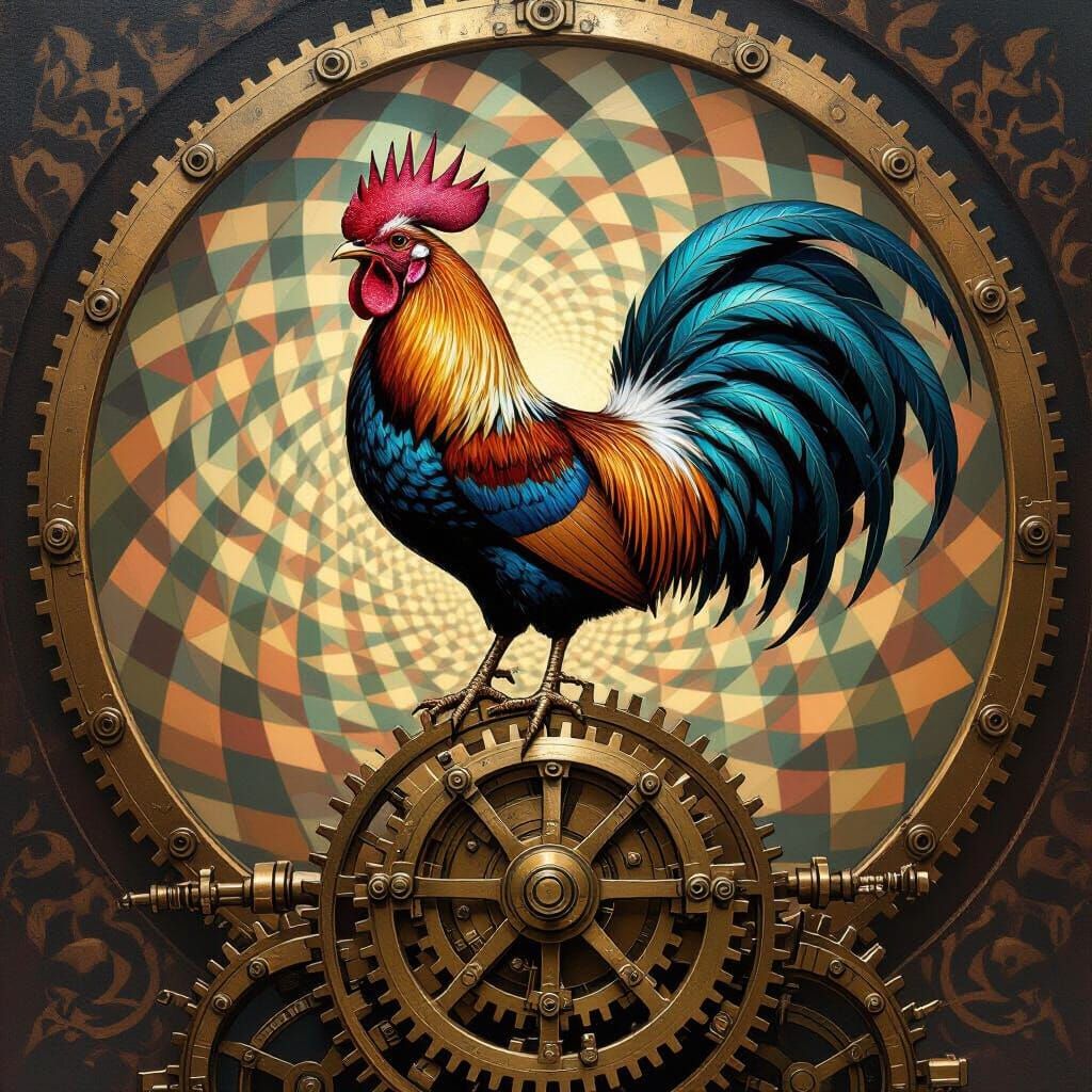 Steampunk Rooster on Brass Gears in Tonalist Style