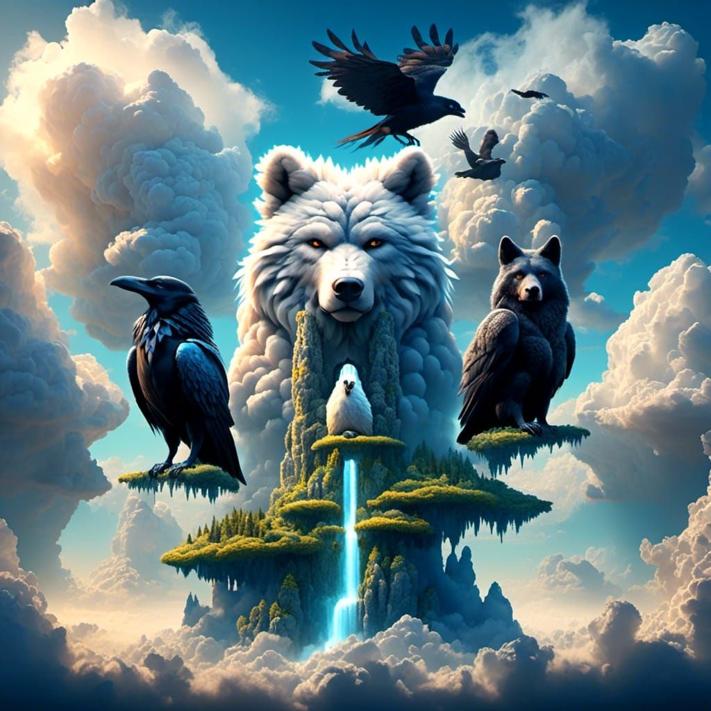 Cloud Totem Pole Featuring Raven, Wolf, and Bear