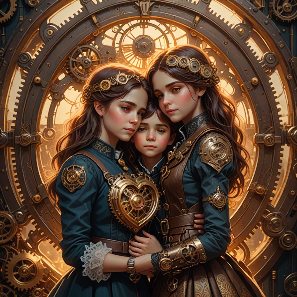 Mother and Children Embracing in Whimsical Steampunk Fantasy