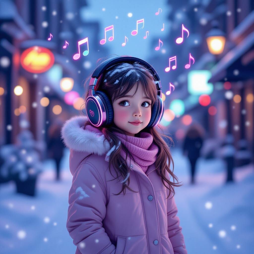 Girl in Snowy City Street with Floating Music Notes, Neon Re...