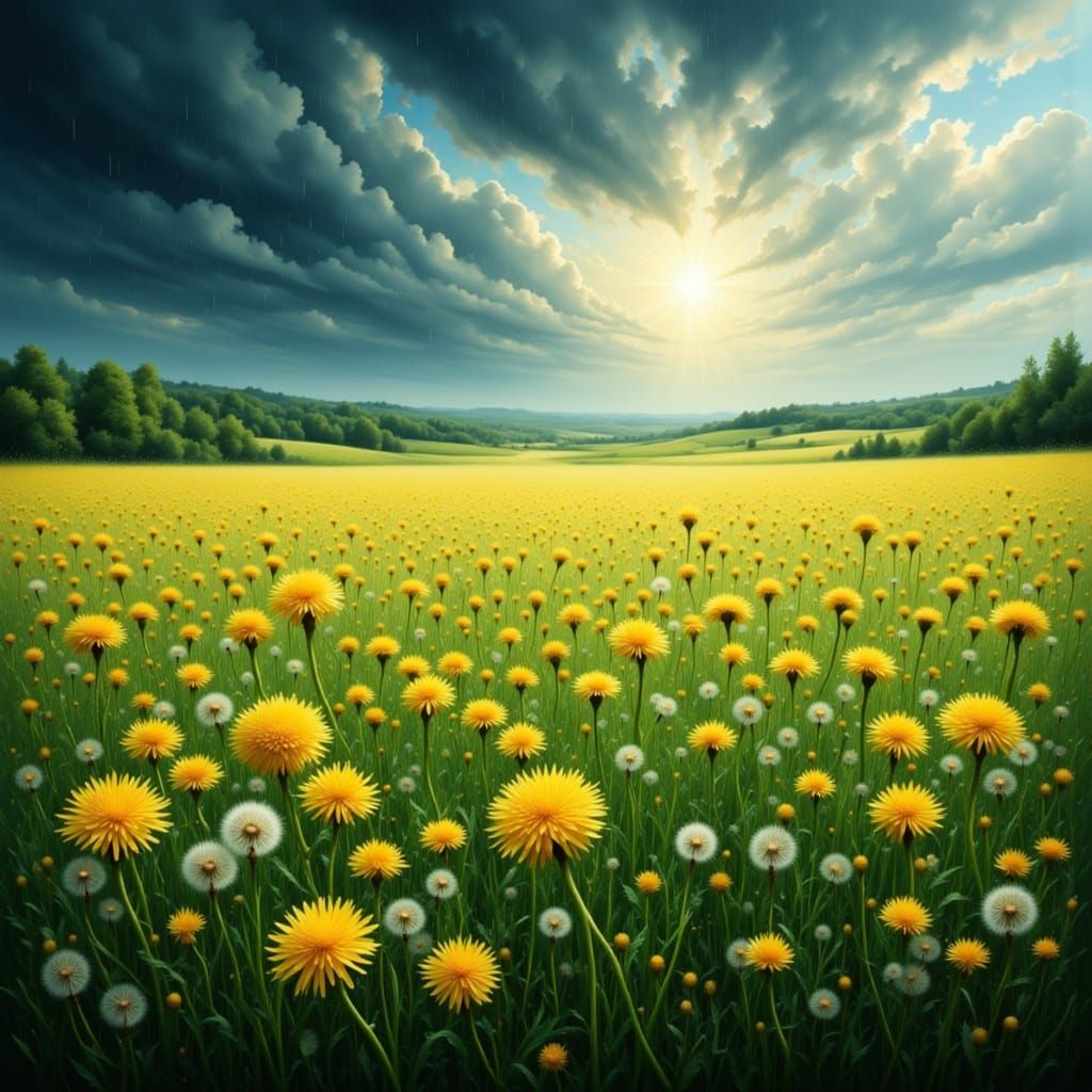 Dandelions in Summer Rain, Water-Ink-Color Style