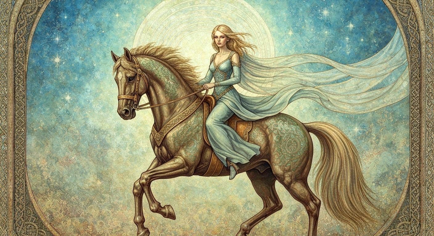 Celtic Princess Rides Holographic Horse in Surreal Mosaic St...