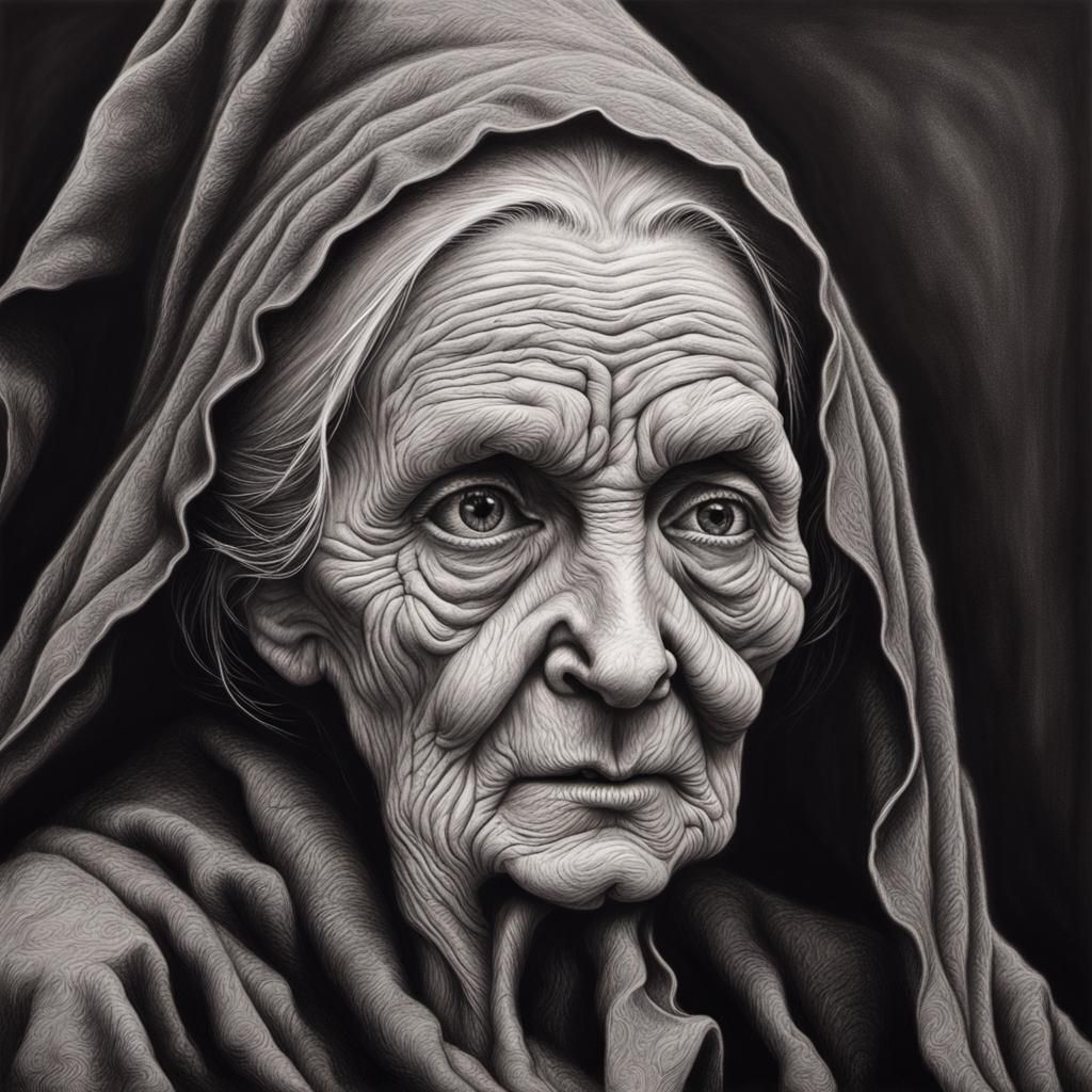 Hyperdetailed Charcoal Drawing of a Wizened Witch