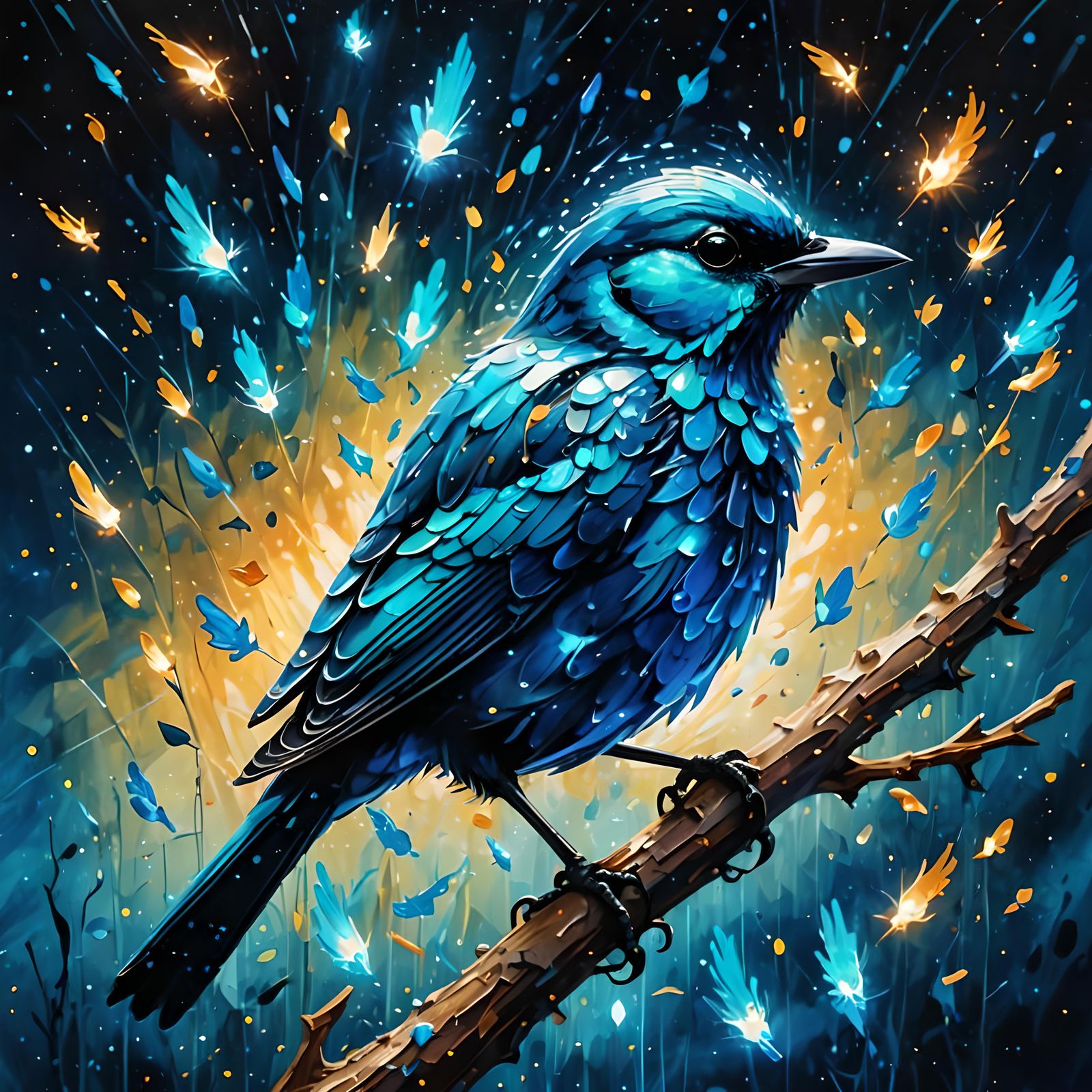 Bioluminescent Bird Impasto Painting with Glitch Effect