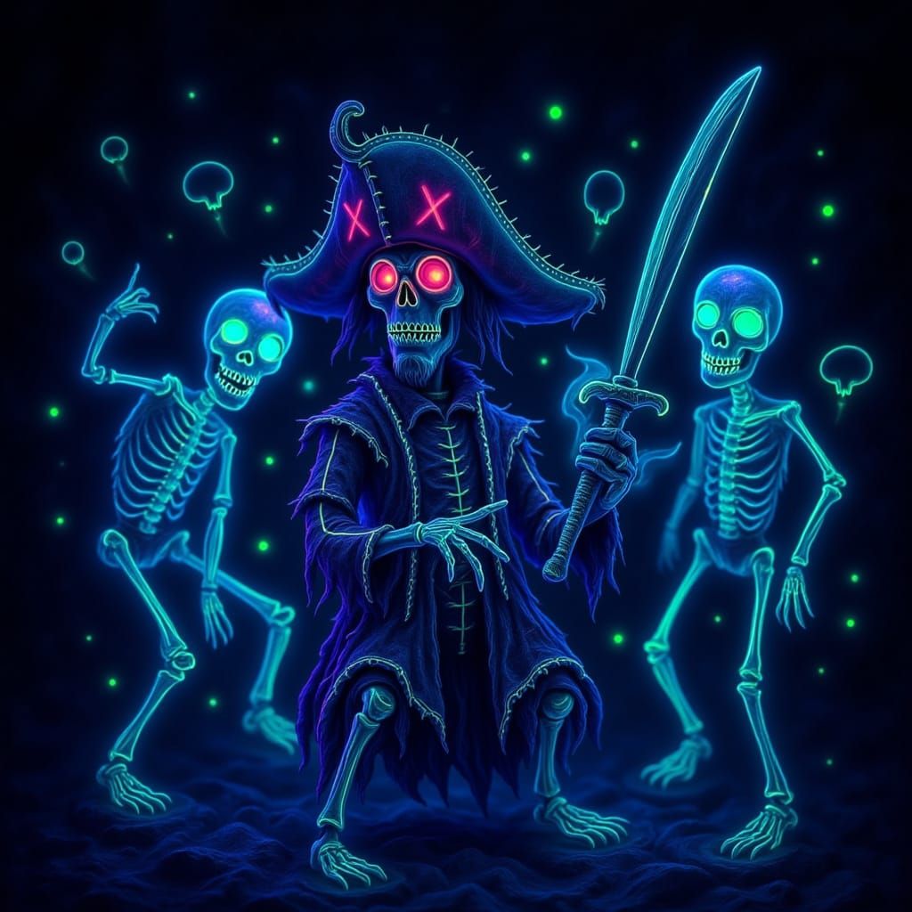 Bioluminescent Voodoo Pirate Fights Glowing Skeletons