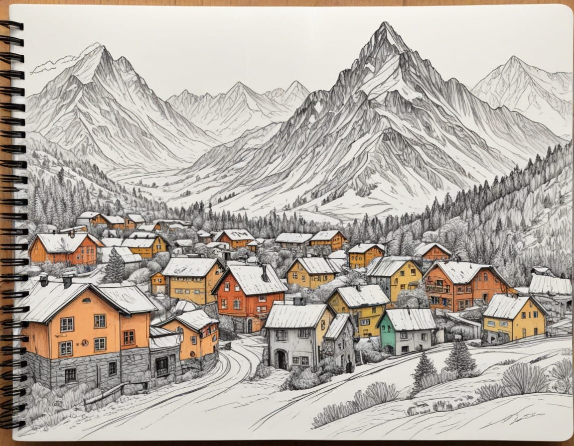 Whimsical Alpine Village Doodle in Watercolor Style