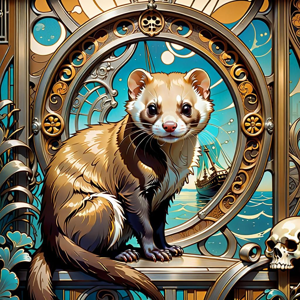 Art Nouveau Ferret Portrait with Pirate Ship