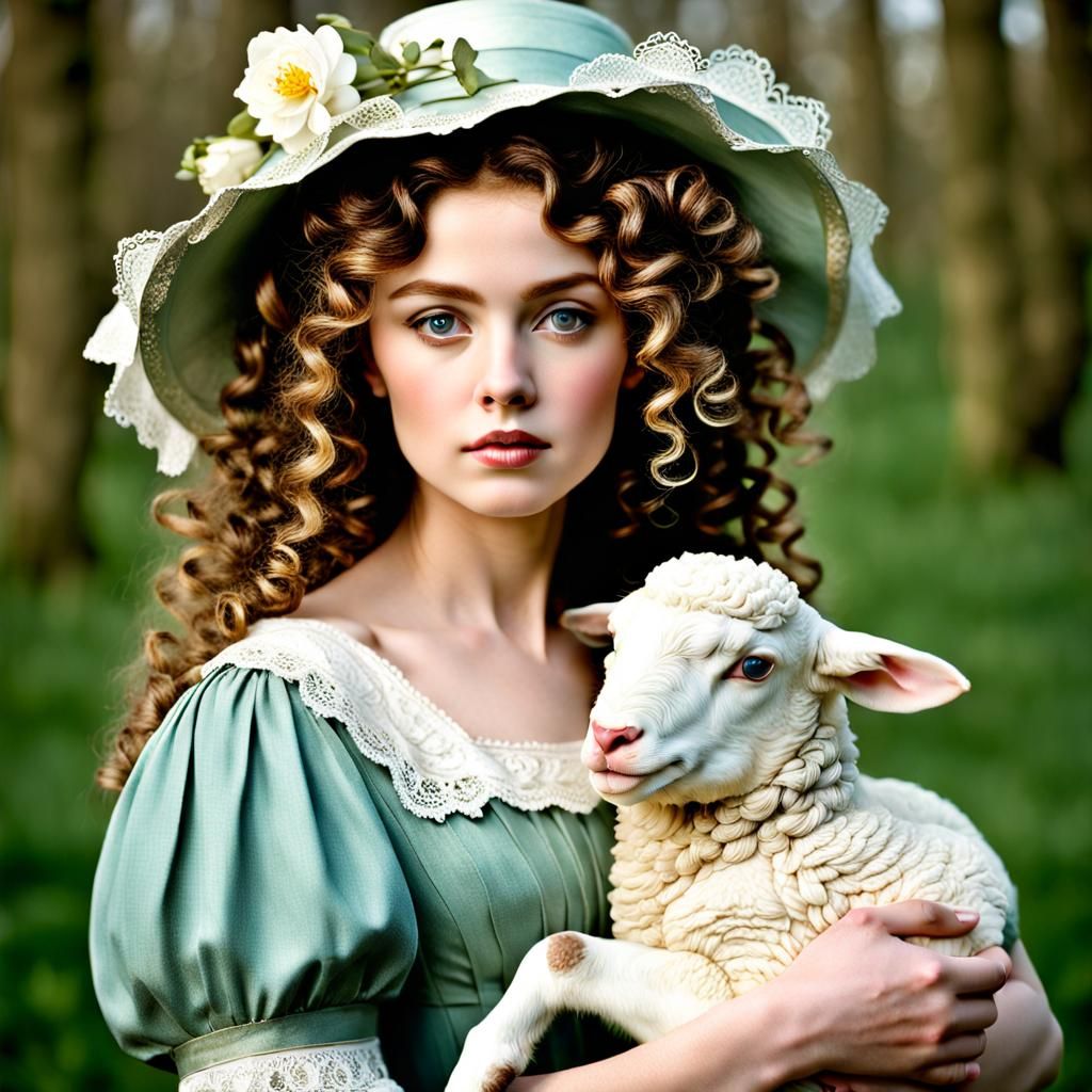 Victorian Spring Maiden Portrait Holding Lamb