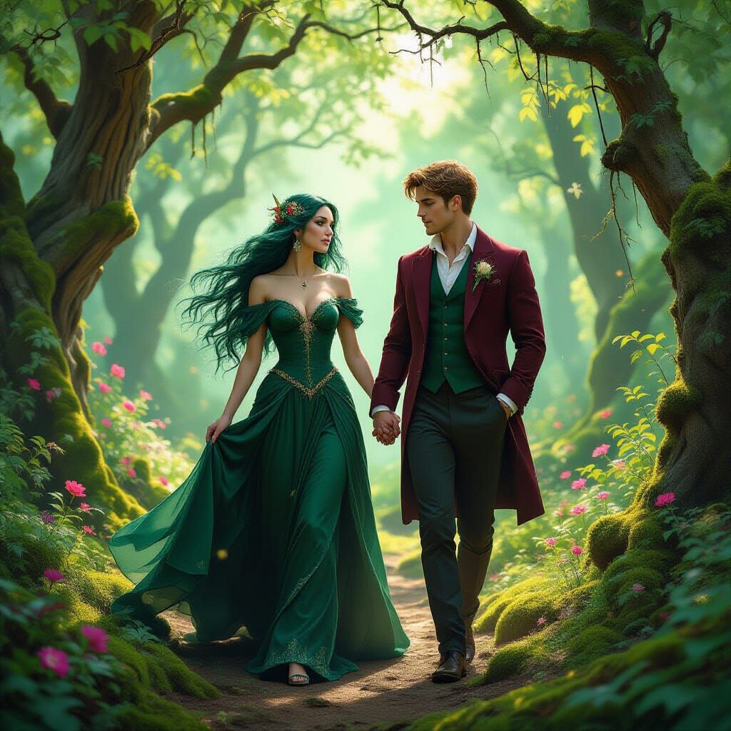 Fae Couple in Enchanted Forest, Painterly Style