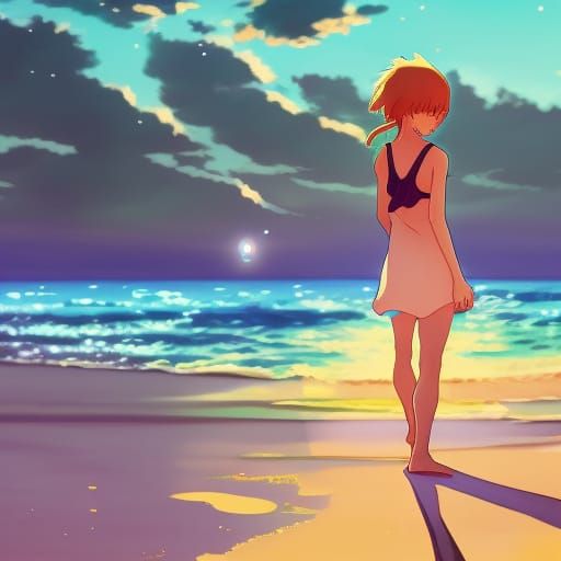 Barefoot Girl on Beach: Studio Ghibli Anime