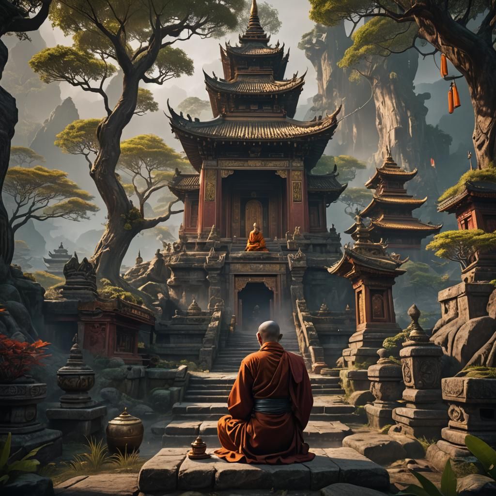 Buddhist Monk Praying: Detailed Fantasy Concept Art