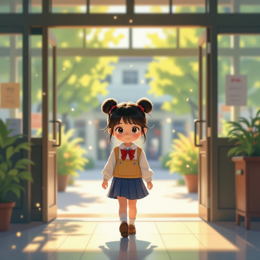 Chinese Girl's Brave Entry to School in Digital Painting Sty...