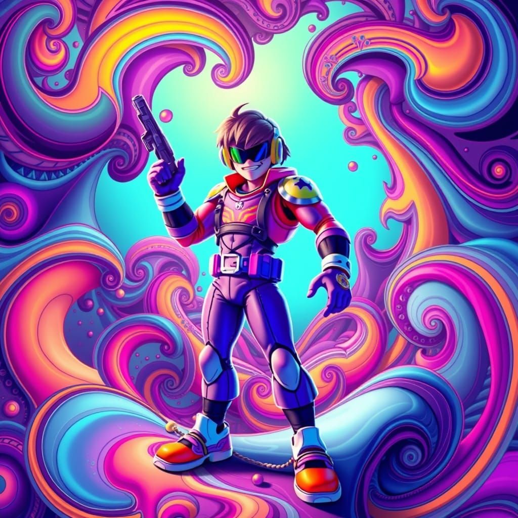 Heroic 80s Video Game Legend in Vibrant, Psychedelic Fractal...