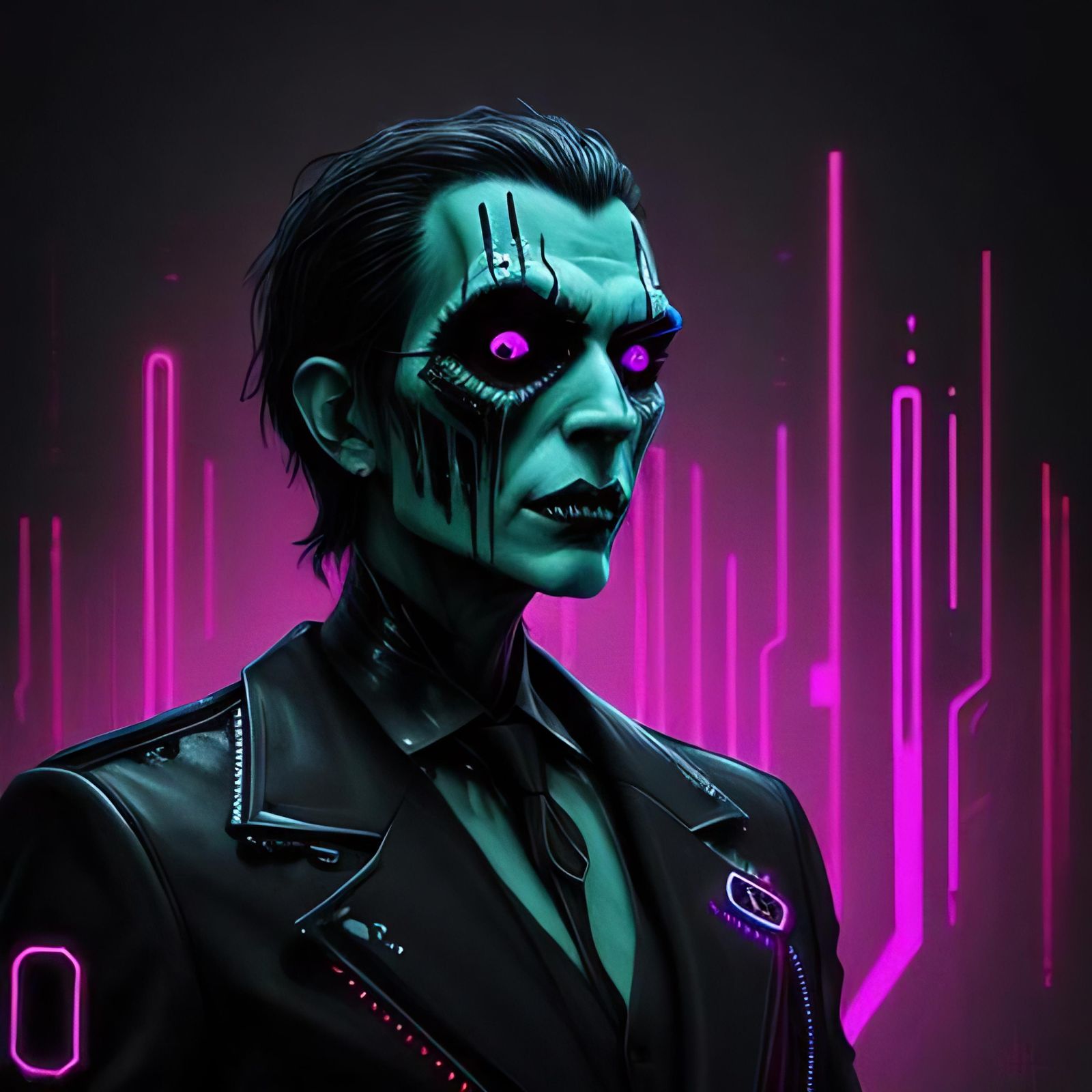 Glowing Neon Horror Vampire in Binary Code Art