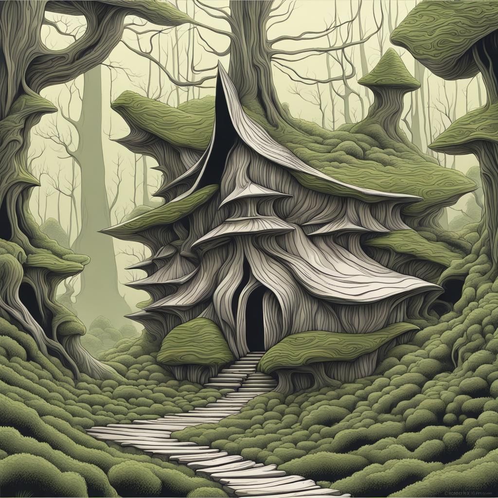 Goblin Hut in Pine Forest, Fantasy Art Style