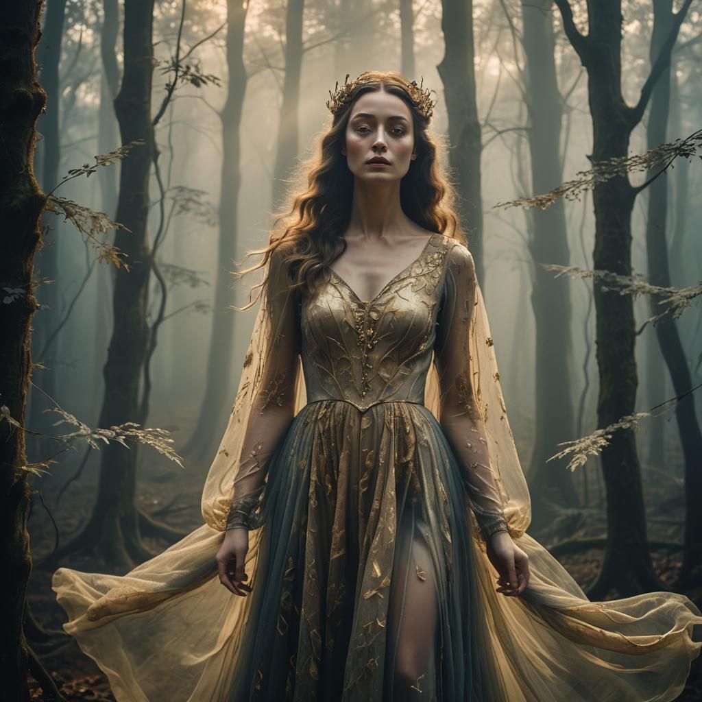 Mysterious Woman in Misty Forest: Surrealist Dreamscape