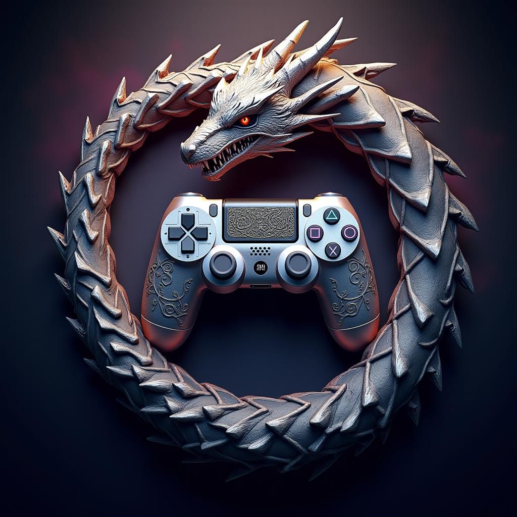 Dragon Coiled around PlayStation Controller with Ryzen Logo