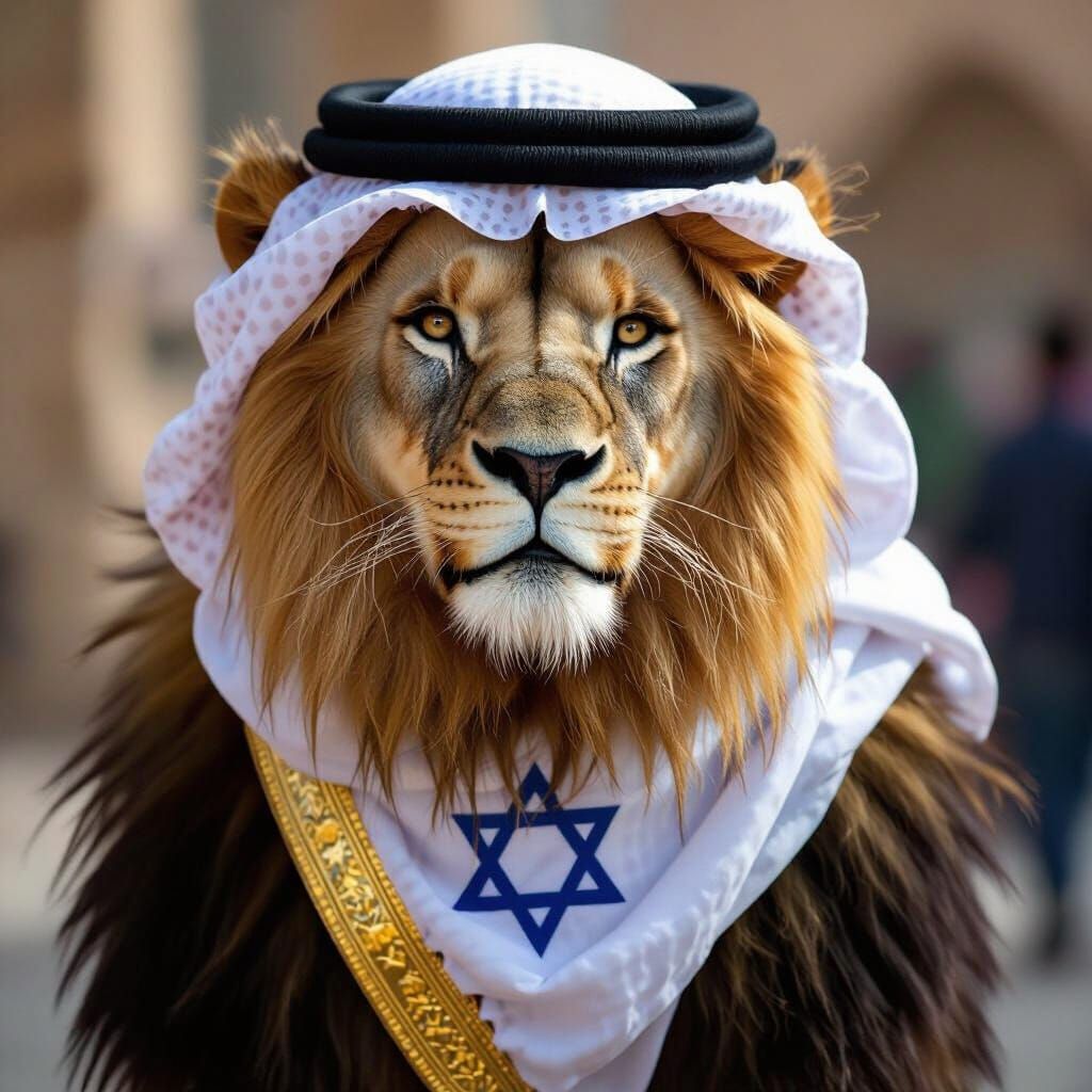 Lion in Ghutra with Star of David Fighting