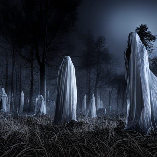 Ghosts Haunt Graveyard in Hyperdetailed Horror Style