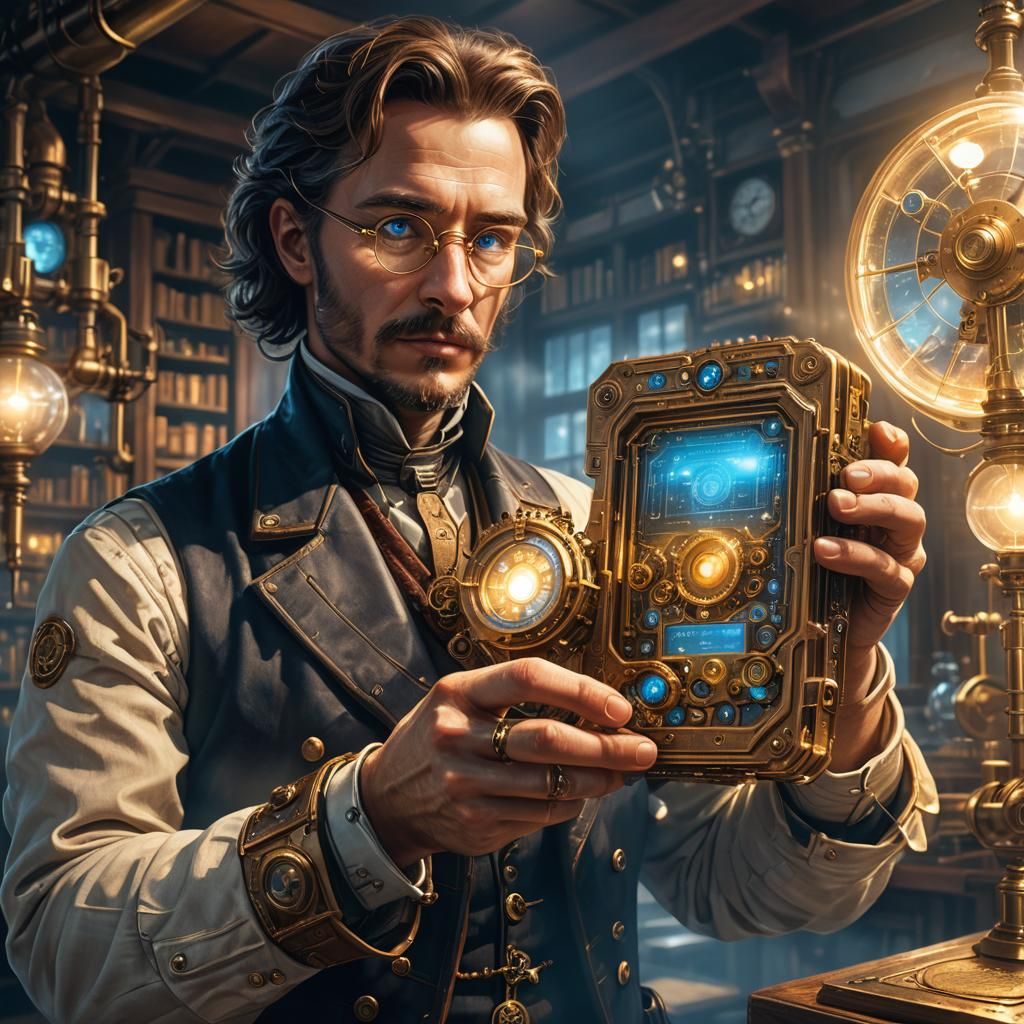 Steampunk Sci-Fi Holographic Computer in Victorian Lab