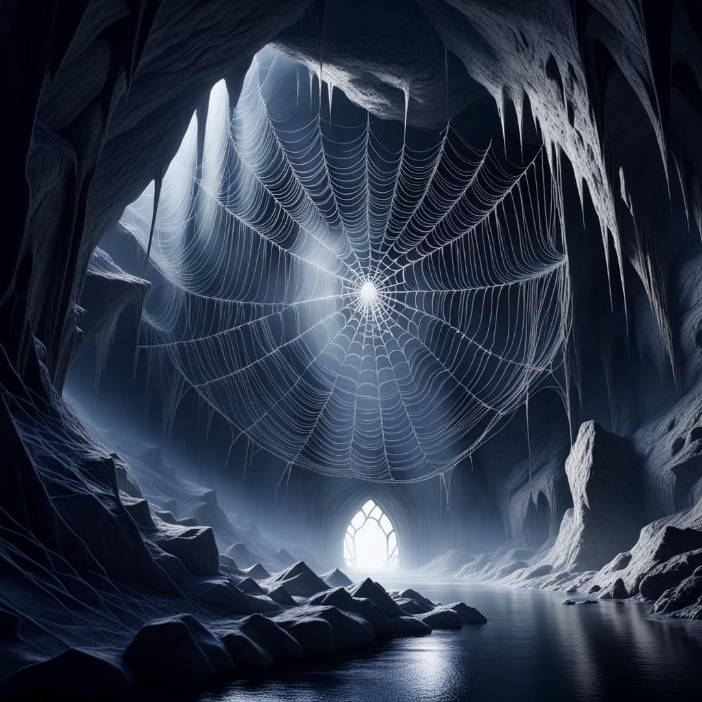 Spooky Spider Webs in a Dark Cave