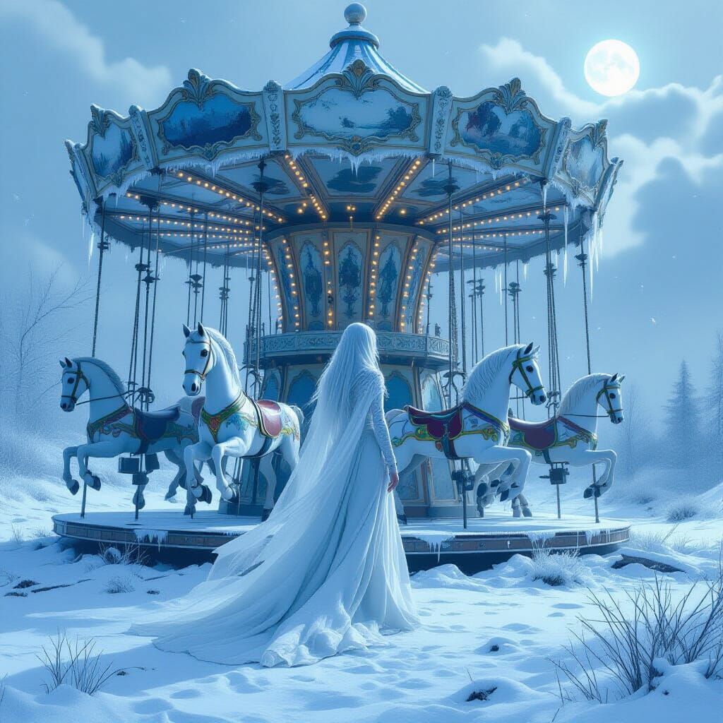 Spectral Woman Haunts Ruined Carousel in Snow
