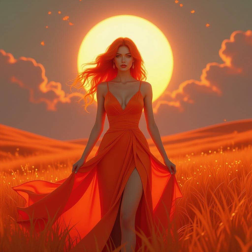 Ethereal Woman in Fiery Orange Fantasy Landscape