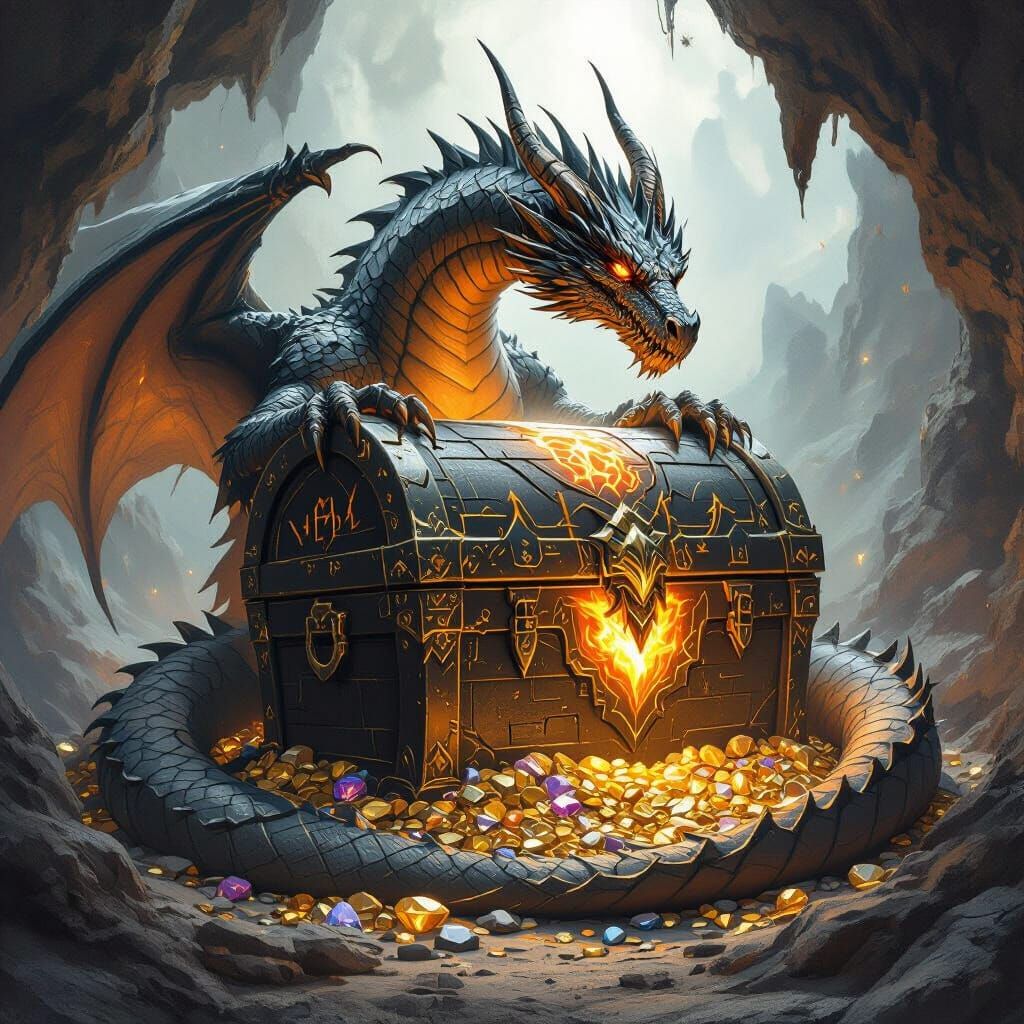 Ancient Dragon Guarding Obsidian Chest in Dark Cavern