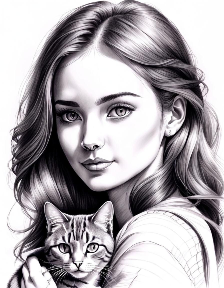 Pencil Sketch of a Girl with Her Cat
