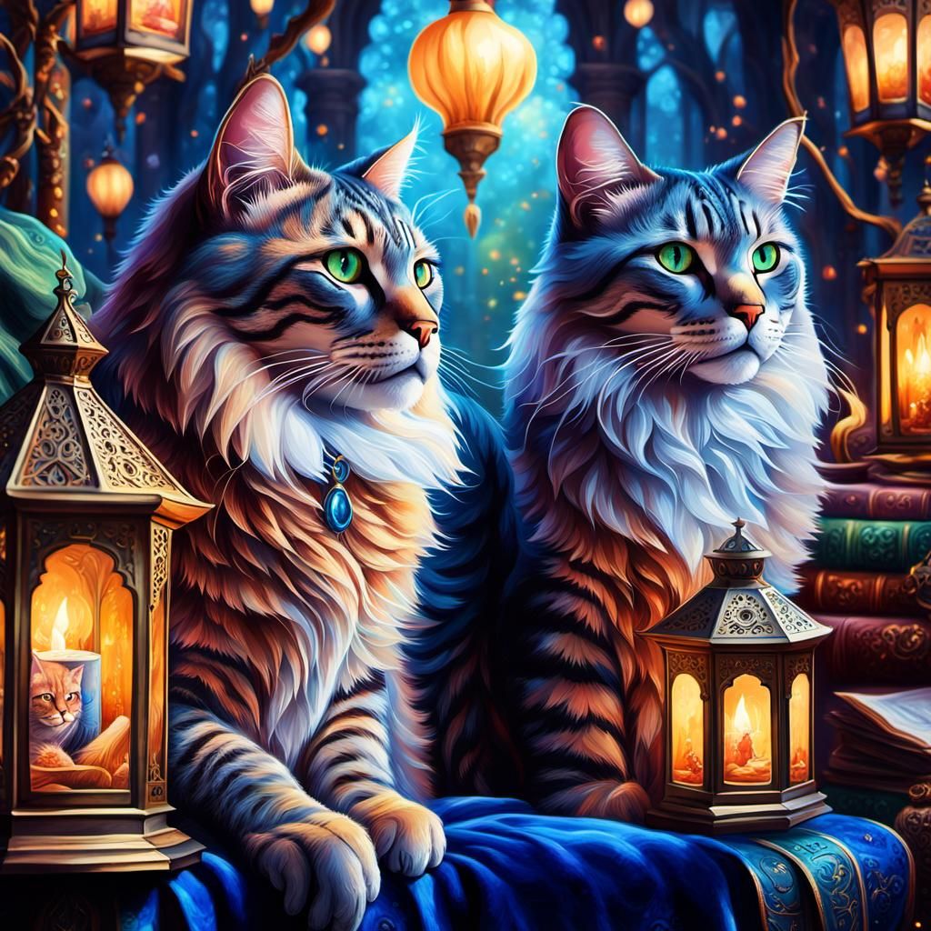 Regal Cat Couple in Mystical Forest