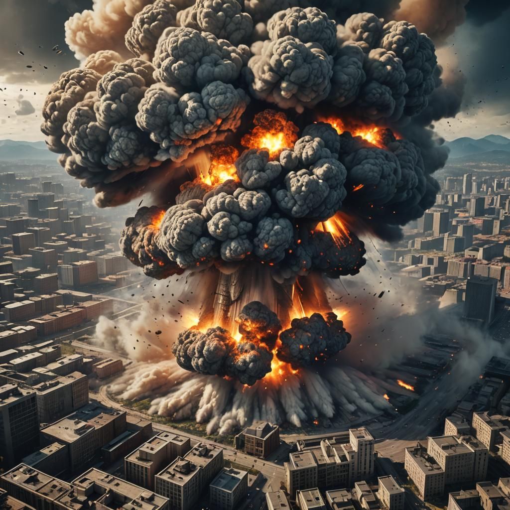 Nuclear Explosion Over City: Detailed Matte Painting