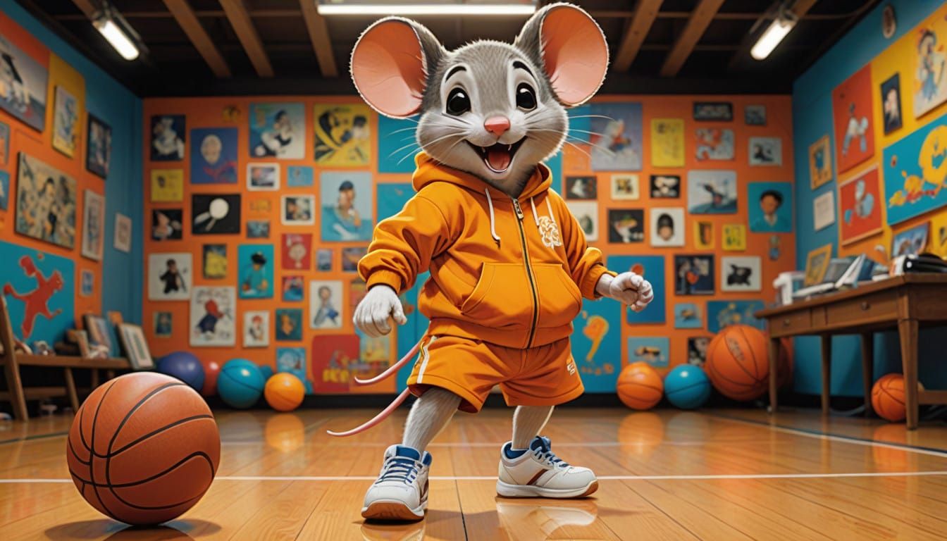 Chubby Mouse in Bright Orange Tracksuit Plays Basketball