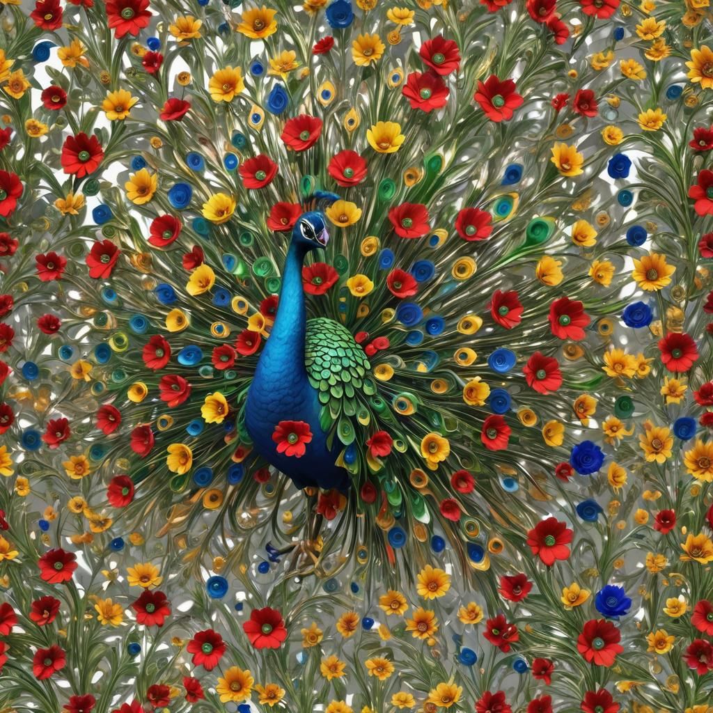 Metallic Peacock in Blossoms: 3D Animation