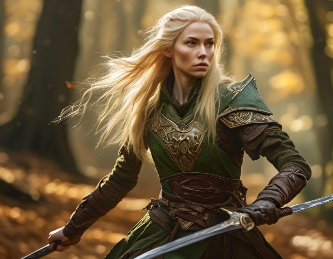 Hyperrealistic Elven Warrior in Autumn Forest