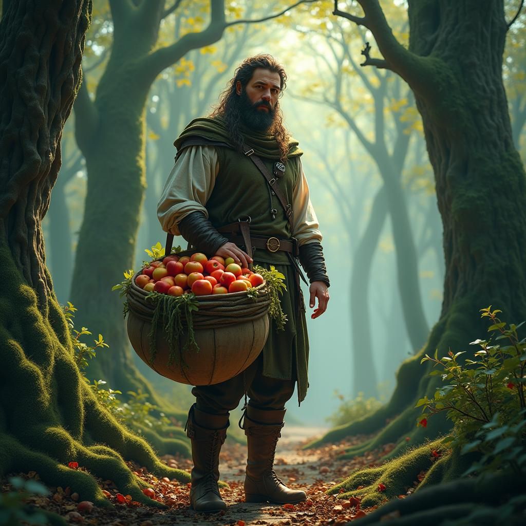 Medieval Man with Apples in Mystical Forest