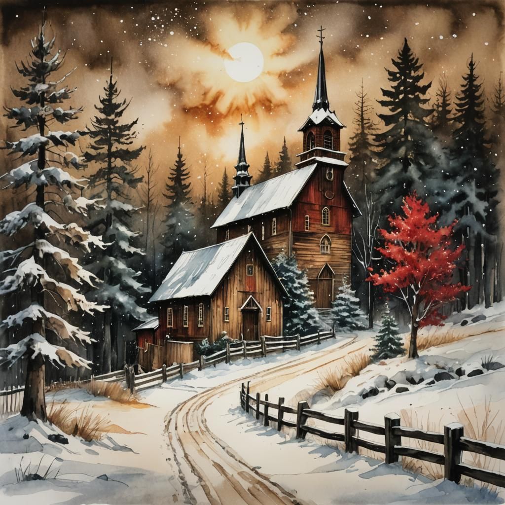 Winter Church Scene in Watercolor with Charcoal