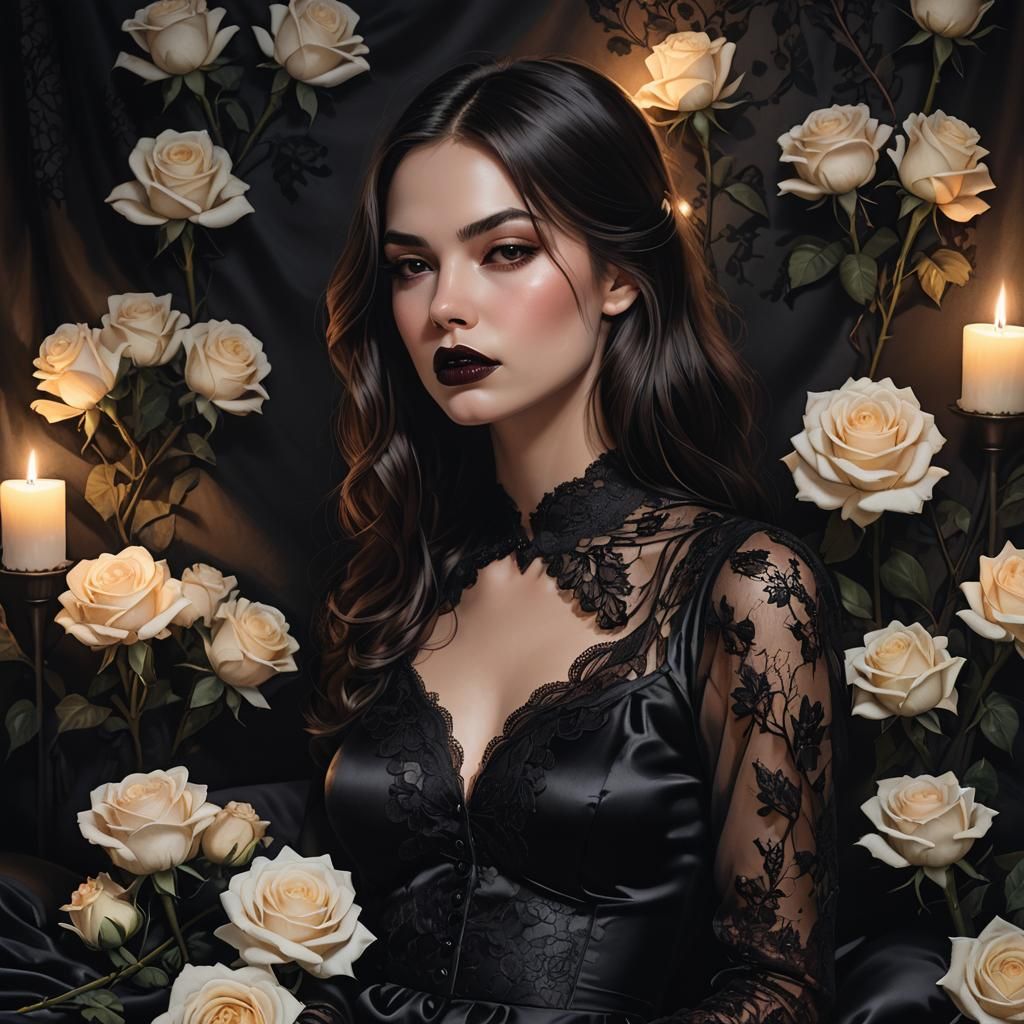 Brunette in Lace with Roses: Hyperrealistic Art