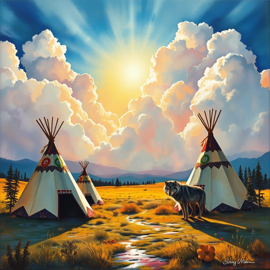 Native American Landscape: Mixed Media Impressionist Paintin...