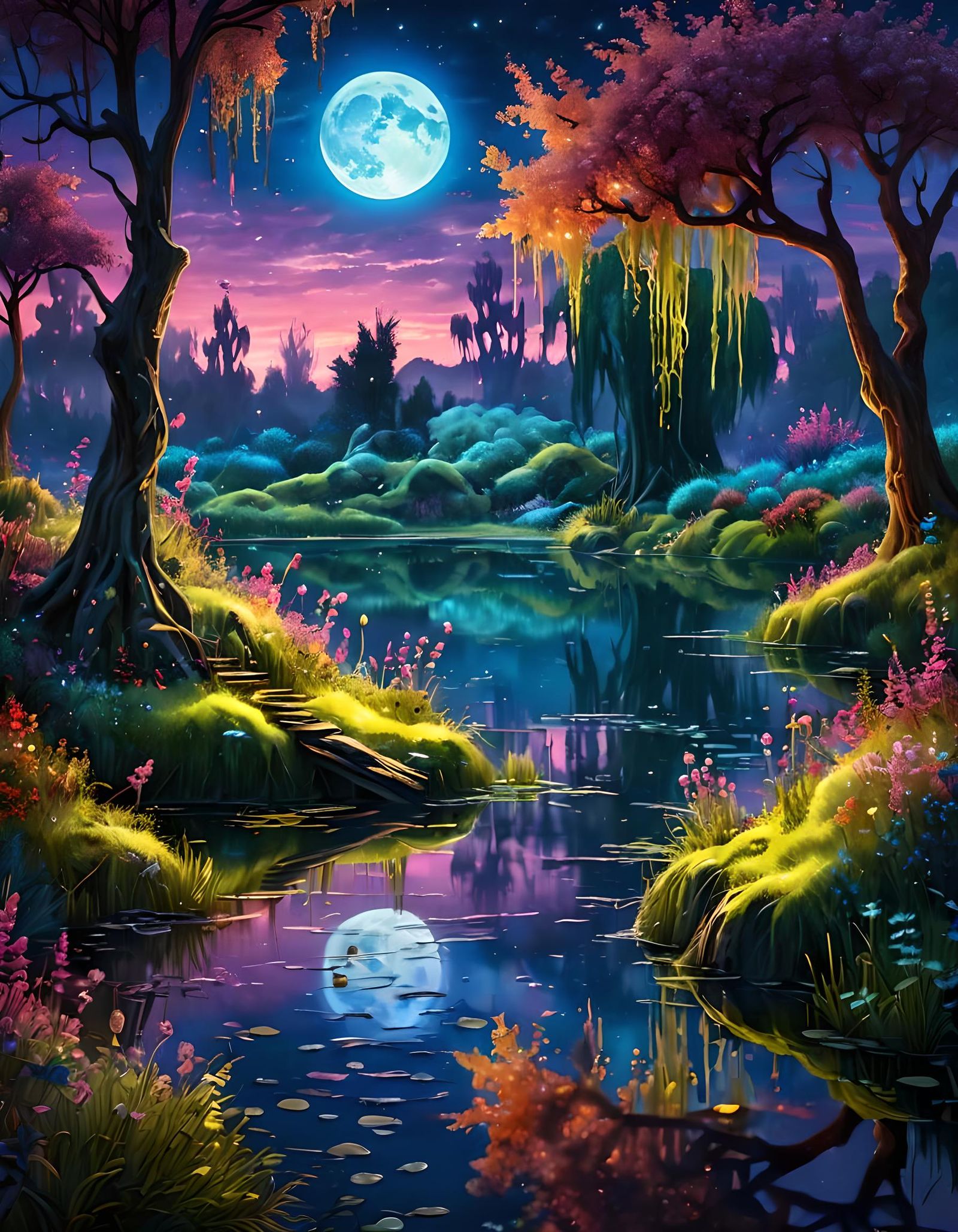 Fantasy Landscape with Neon Elements in Oil Painting Style
